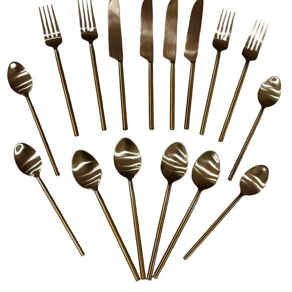Flatware Set Gold Copper Tone and Silver Tubular Round Handle 4 Place Settings - Picture 1 of 12